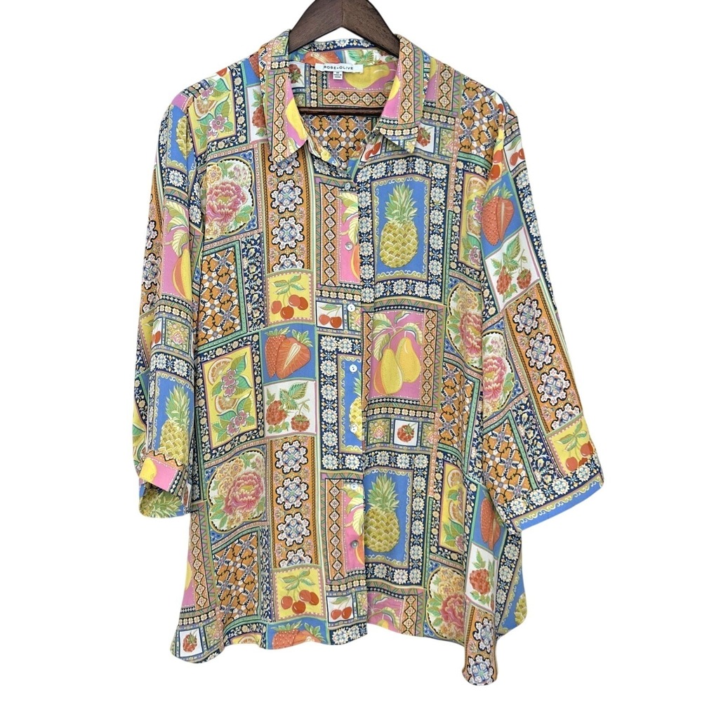 Rose + Olive Novelty Fruit Print 3/4 Sleeve Button Front Blouse Lemon Cherry 3X
